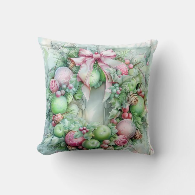 Coussin Pastel Pink and Green Christmas Throw Pillow (Recto)