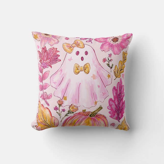 Coussin Pastel Pink Halloween Ghost with Flowers and Pumpk (Recto)