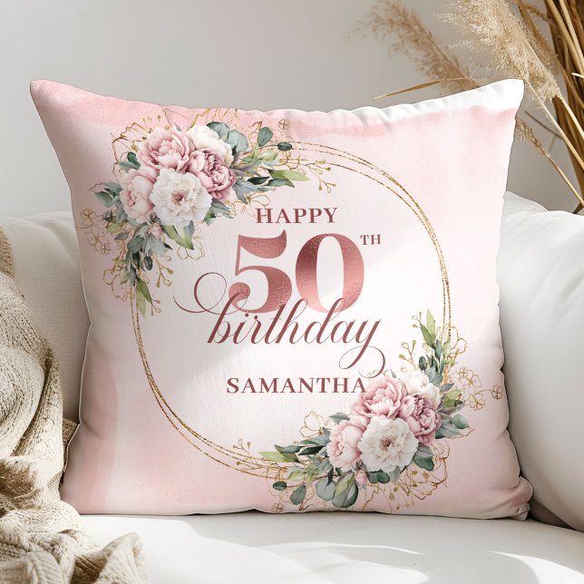 Coussin Pastel Pink Rose Gold Greenery 50th Birthday Gift (Pastel Pink Rose Gold Greenery 50th Birthday Pillow Gift)