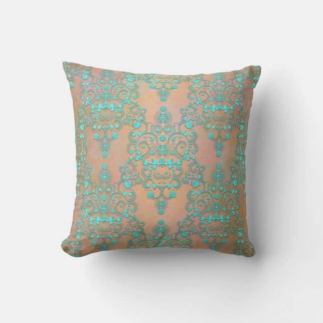 Coussin Pastel Turquoise sur Peachy Gold Fancy Damask (Recto)