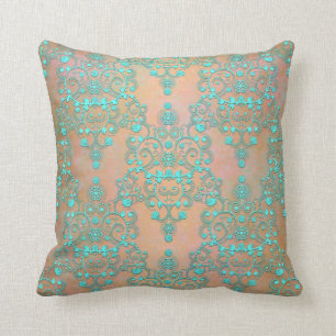 Coussin Pastel Turquoise sur Peachy Gold Fancy Damask