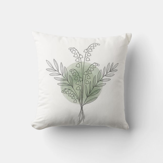 Coussin Pastel Vert Sauge Dessin au Trait Lis de la Vallée (Recto)