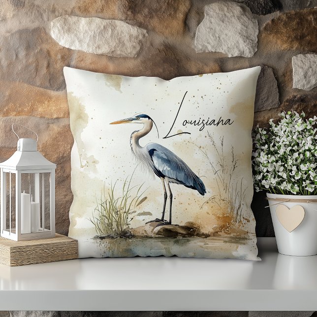 Coussin Pastel Watercolor Blue Heron Louisiane State (Créateur téléchargé)