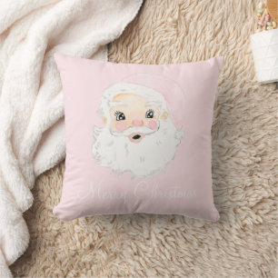 Coussin Pastel Watercolor Père Noël Pink Casquette Preppy
