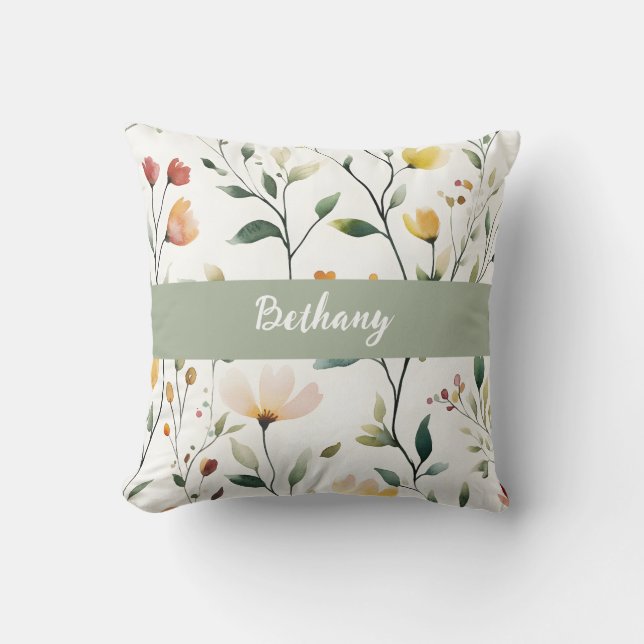 Coussin Pastel Watercolor Wildflower Monogram Name (Recto)