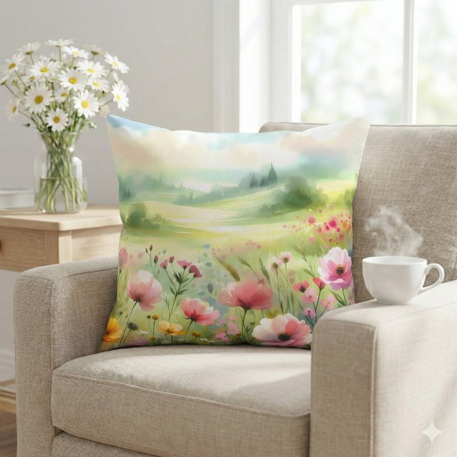 Coussin Pastel Wildflower Meadow Landscape (Pastel Wildflower Meadow Landscape Throw Pillow Mockup A)