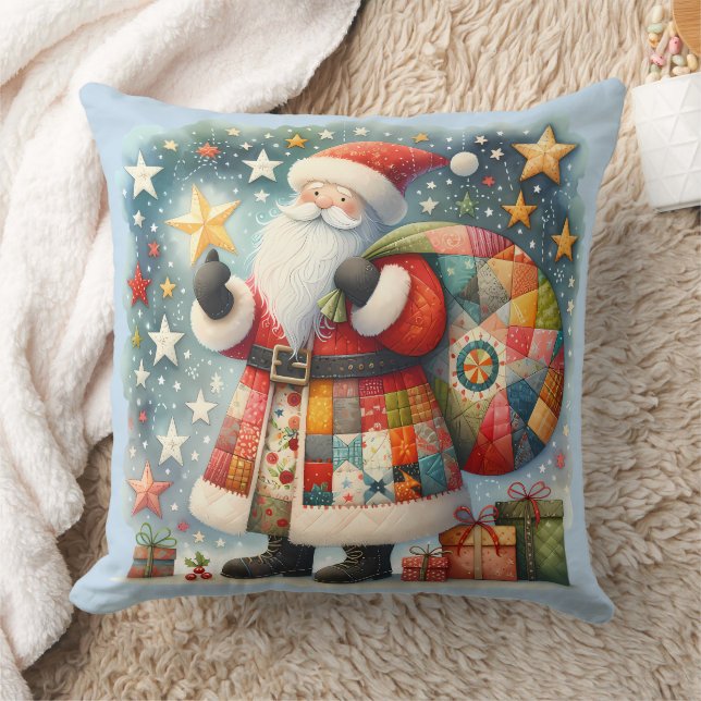 Coussin Patchwork à carreaux Père Noël avec étoiles de Noë (Couverture)