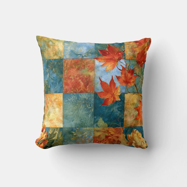 Coussin Patchwork Botanique de Feuille d'Érable d'Automne (Recto)