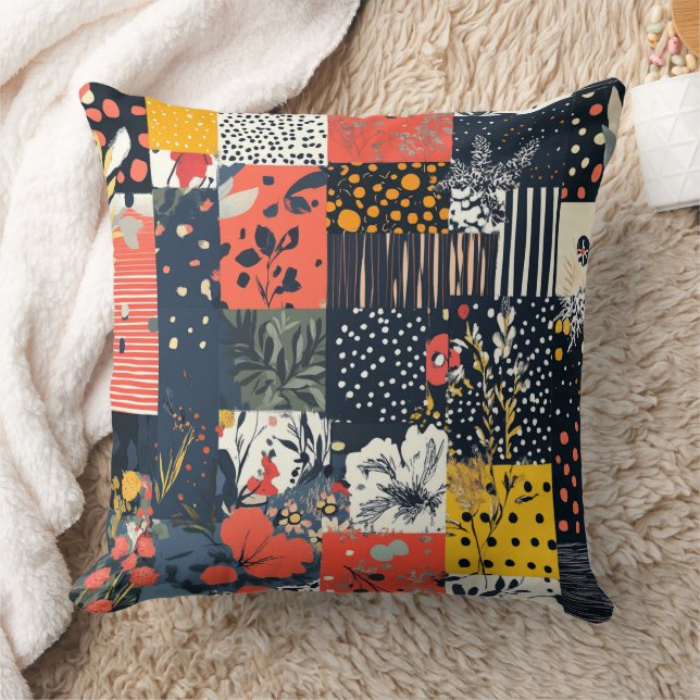 Coussin Patchwork botanique éclectique audacieux avec pois (Couverture)