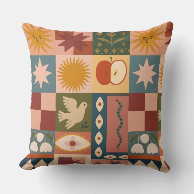 Coussin Patchwork céleste bohémien avec symboles mystiques (Recto)