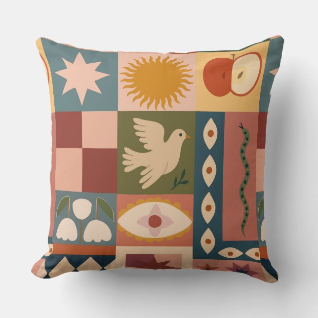 Coussin Patchwork céleste bohémien avec symboles mystiques (Recto)