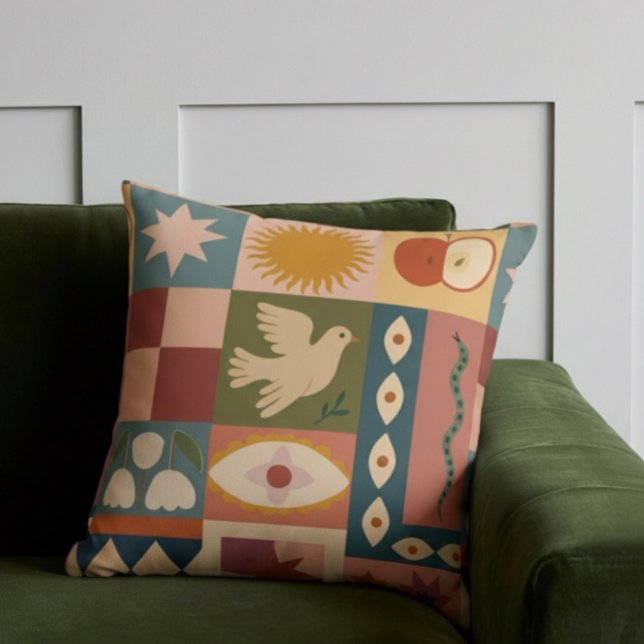 Coussin Patchwork céleste bohémien avec symboles mystiques (Créateur téléchargé)