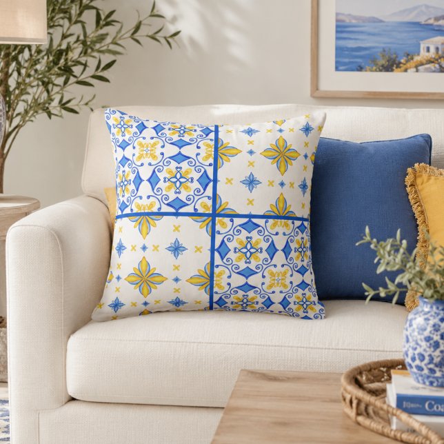 Coussin Patchwork de carreaux méditerranéens bleu jaune  (Créateur téléchargé)