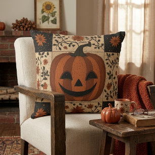 Coussin Patchwork de citrouille rustique vintage Halloween