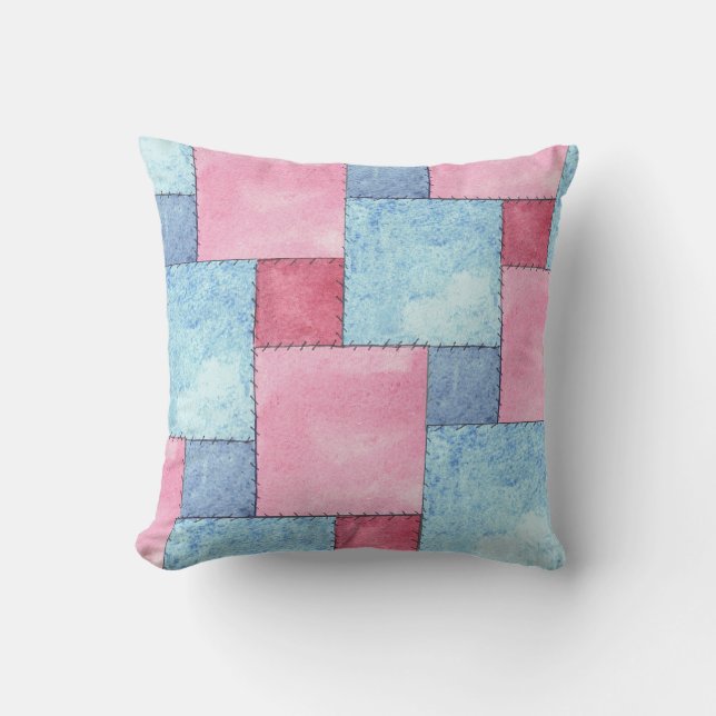 Coussin Patchwork de Faux de denim, roses, bleus (Recto)