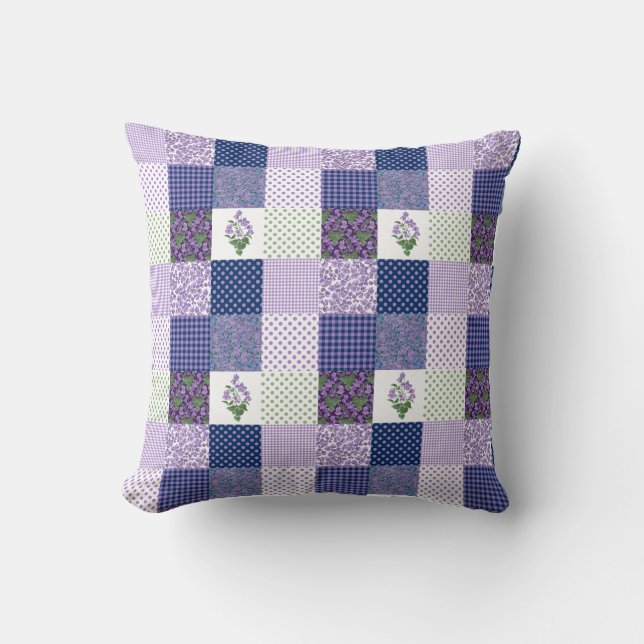 Coussin Patchwork de Faux de violettes avec les contrôles (Recto)