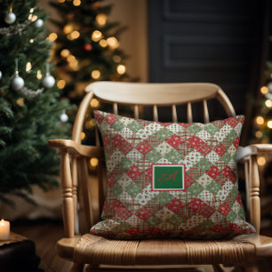 Coussin Patchwork de Noël à monogramme vert rouge 