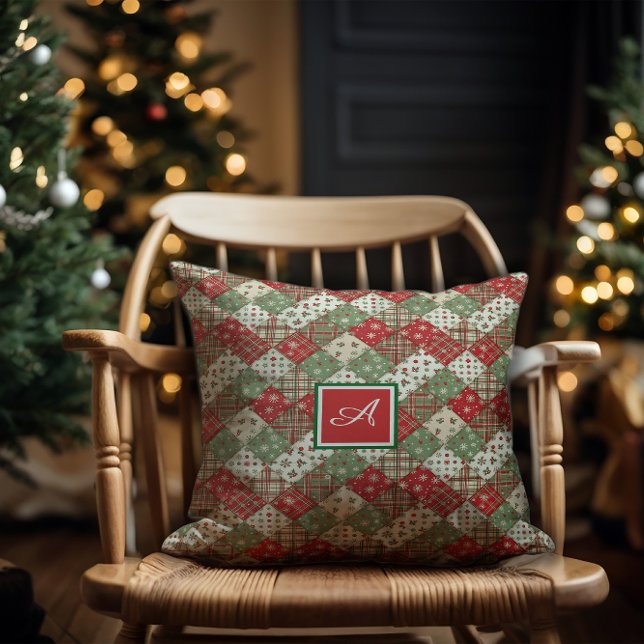Coussin Patchwork de Noël de la famille Monogramme Vert Ro (Créateur téléchargé)