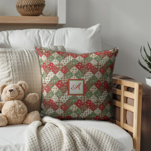 Coussin Patchwork de Noël famille Monogramme Vert Rouge
