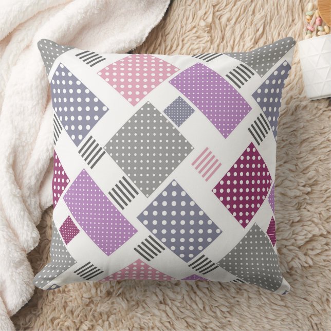 Coussin Patchwork en pois et rayures rose et prune (Couverture)