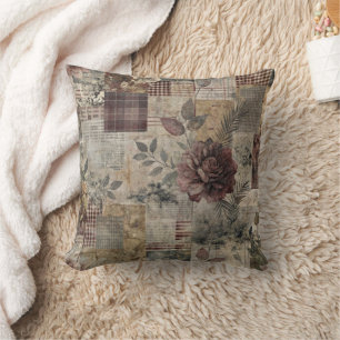 Coussin Patchwork Floral de Cottage Sombre - Bourgogne & C