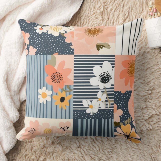 Coussin Patchwork Floral Rétro en Rose et Bleu (Couverture)