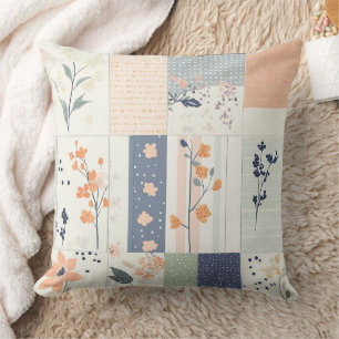 Coussin Patchwork Floral Scandinave en Rose et Bleu