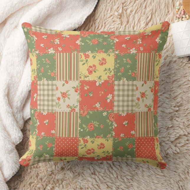 Coussin Patchwork Gingham Floral Aspect Maison de Campagne (Couverture)