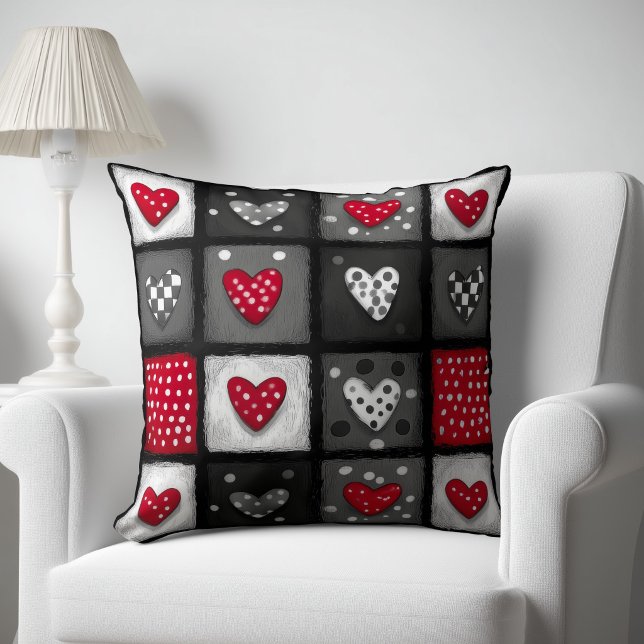 Coussin Patchwork noir blanc rouge avec coeurs (Créateur téléchargé)