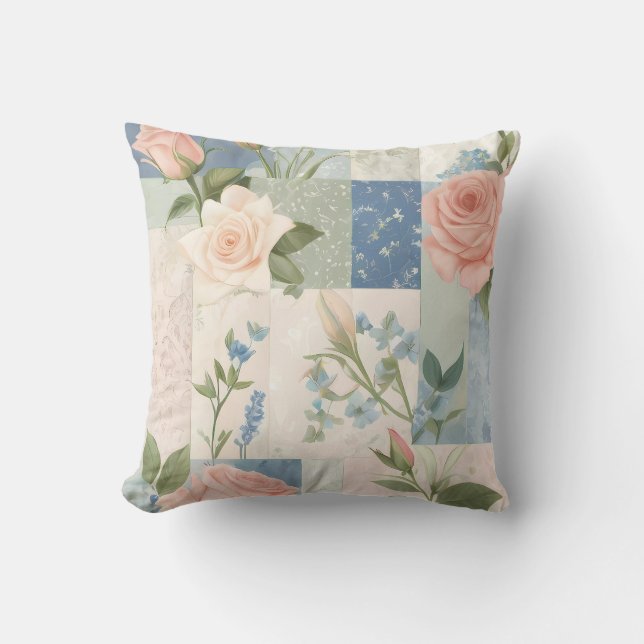 Coussin Patchwork Rose Et Bleu Fleur Doux Et Délicat (Recto)