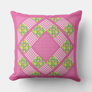 Coussin Patchwork rose Faux, Primroses, Polkas et En vichy