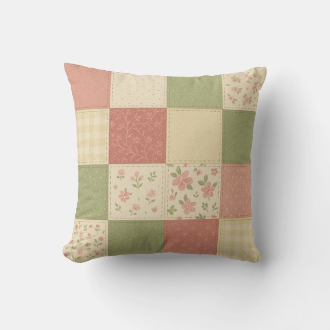 Coussin Patchwork rose vert Quilt Ferme rustique (Recto)