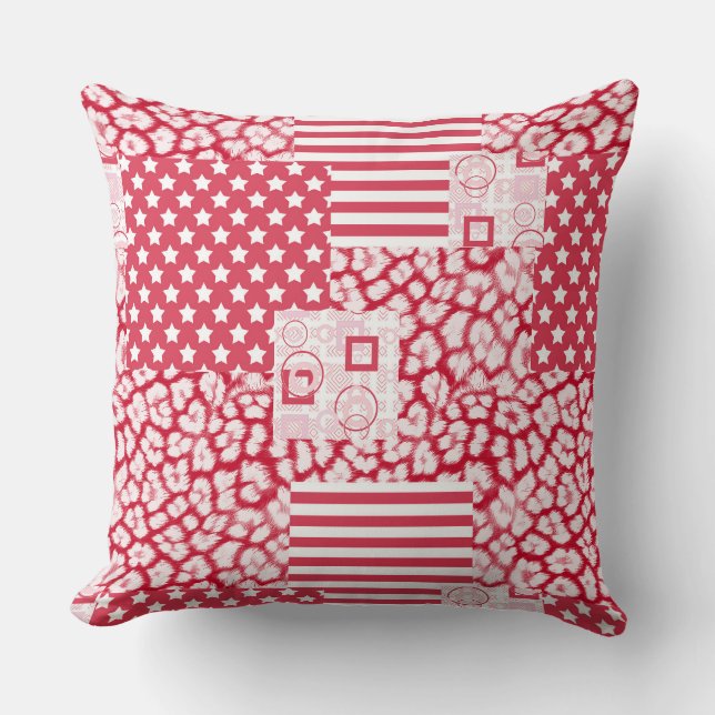 Coussin Patchwork rouge et blanc rustique (Recto)