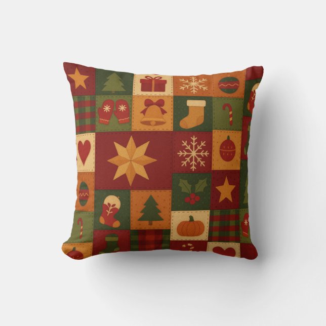 Coussin Patchwork Rouge Vert Quilt Rustique Ferme (Recto)