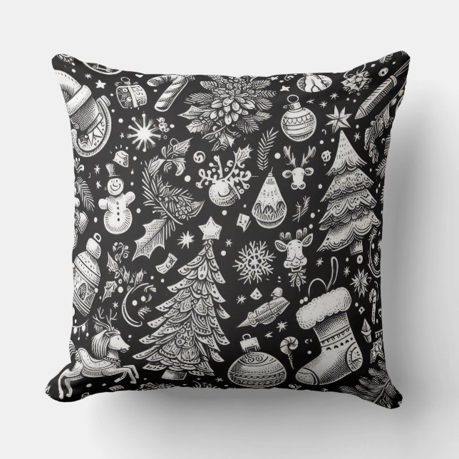 Coussin Pâte Noir Blanc Dessin Noël Motif Vacances (Recto)