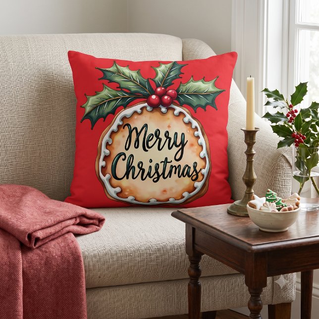 Coussin Pâte sablée de Noël aux baies de houx rouges (Merry Christmas Cookie with Holly Berries Red Throw Pillow)