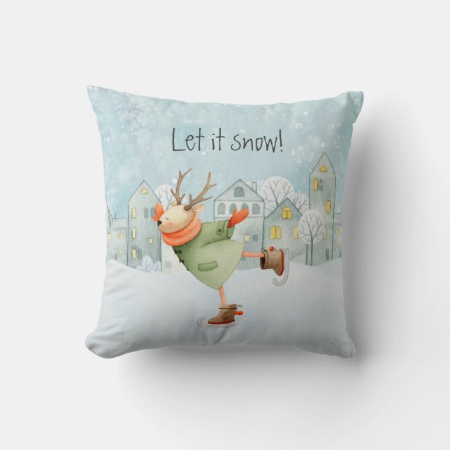 Coussin Patinage Whimsical Deer Let It Neige Holiday (Recto)