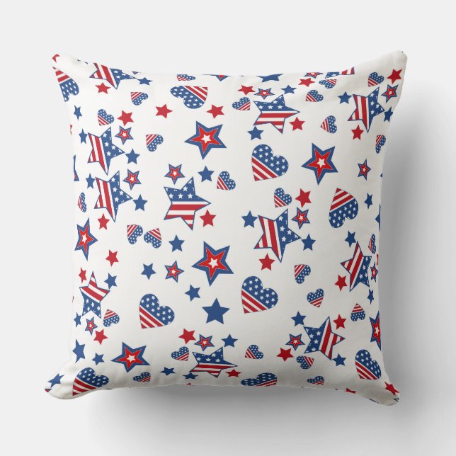 COUSSIN PATRIOTIQUE ROUGE BLANC BLEUE ÉTOILES ET COEURS (Recto)