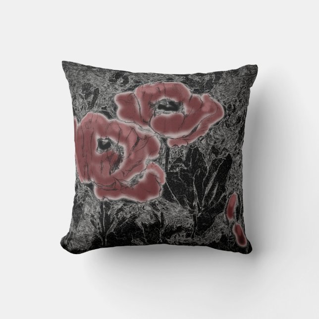 Coussin Pavot à fleurs rouges noires grises croisées (Recto)
