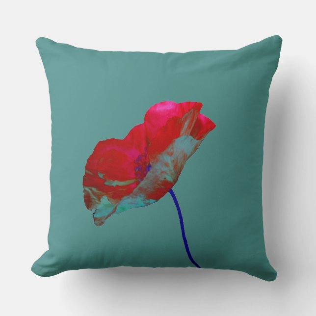 Coussin Pavot bleu rouge à feuilles turquoises (Recto)