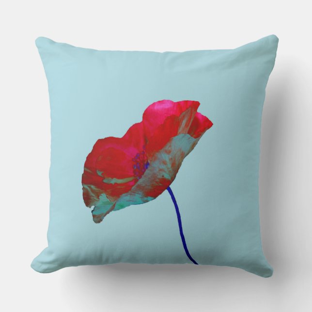 Coussin Pavot bleu rouge sur bleu pastel (Recto)