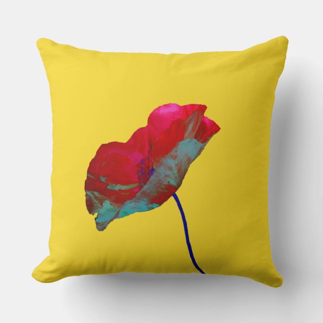 Coussin Pavot bleu rouge sur jaune soleil (Recto)