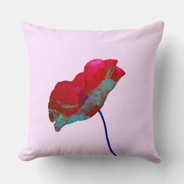 Coussin Pavot bleu rouge sur rose pastel (Recto)
