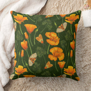 Coussin Pavot de Californie et papillons de nuit sur vert 