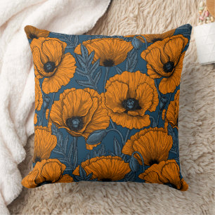 Coussin Pavot orange sur bleu foncé