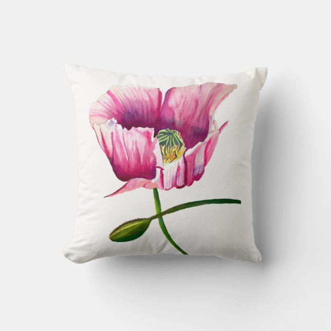 Coussin Pavot rose aquarelle jolie fleur (Recto)