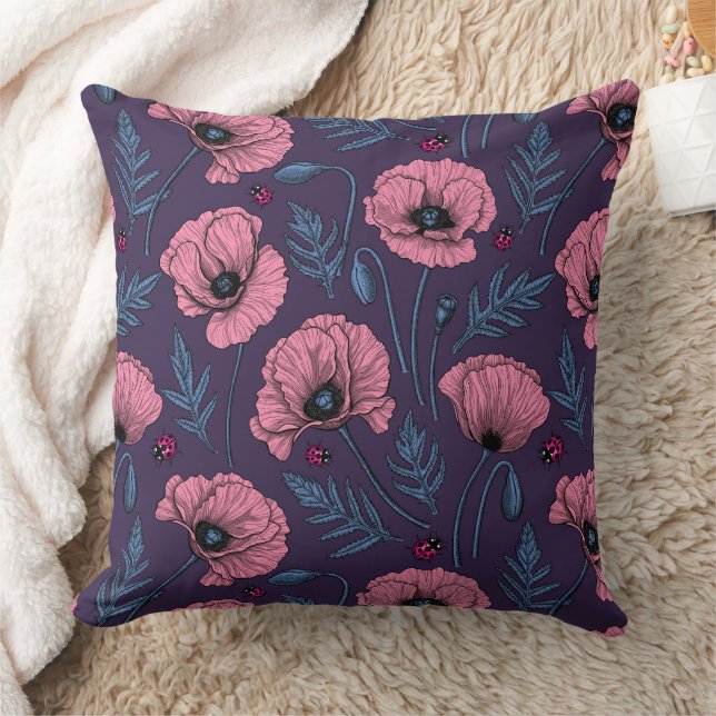 Coussin Pavot rose sur violet foncé (Couverture)