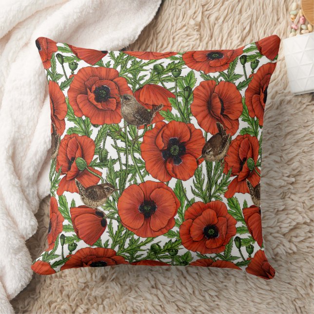 Coussin Pavot rouge et brindilles, feuilles verts sur blan (Couverture)