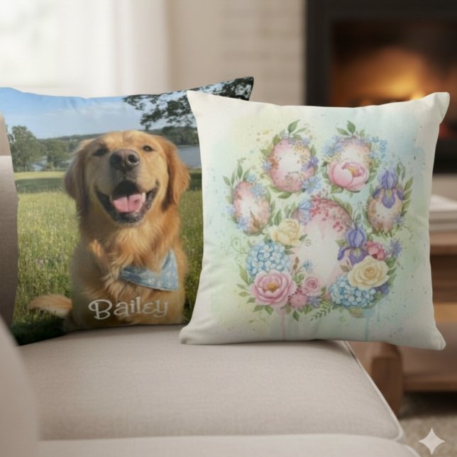 Coussin Pawprint Pillow – Watercolor Floral Pet Art (Watercolor botanical floral pet photo pillow)