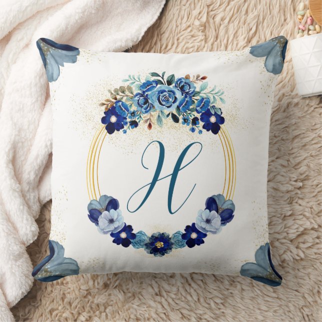 Coussin Pays Chic Monogramme Bleu Or Floral Wreath (Couverture)